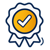 A decorative dark blue and yellow icon of a ribbon with a checkmark icon in the middle.