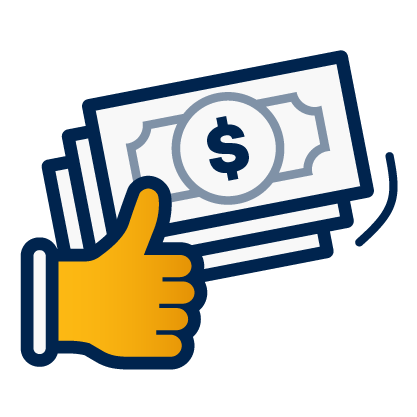 A decorative dark blue and yellow icon of a stack of money and a thumbs up in front of it.