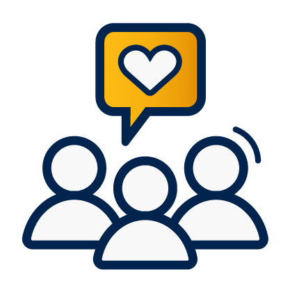 A decorative dark blue and yellow icon of a group of people with a heart speech bubble above them.