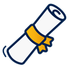 A decorative dark blue and yellow icon of a rolled-up degree secured by a ribbon.