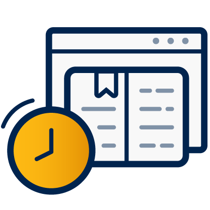 A decorative dark blue and yellow icon of a browser window, an open book, and a clock.