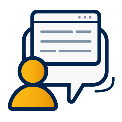 A decorative dark blue and yellow icon of an instructor and a chat bubble that has a browser window in it.