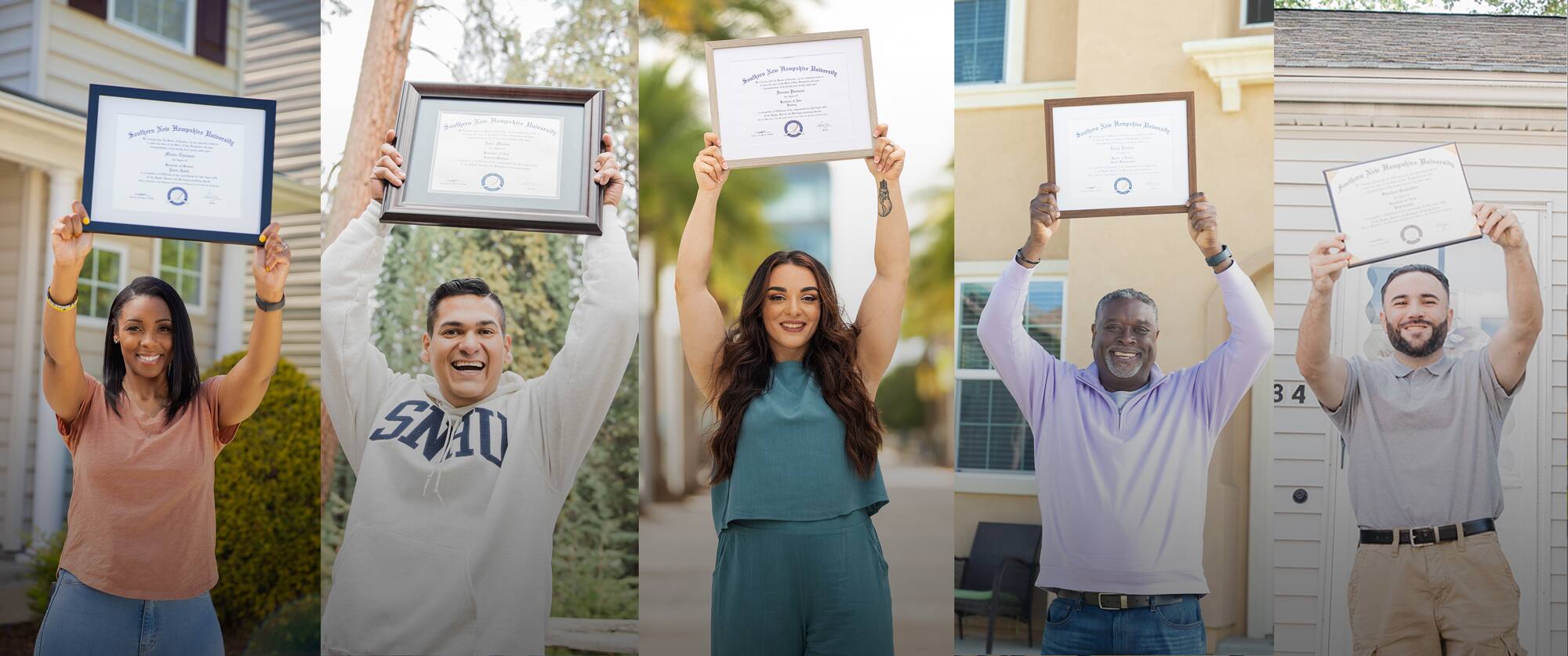 Southern New Hampshire graduates holding up diplomas