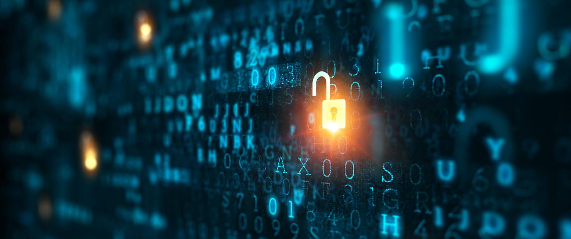 An open padlock icon glowing orange against a blue background of digital characters.