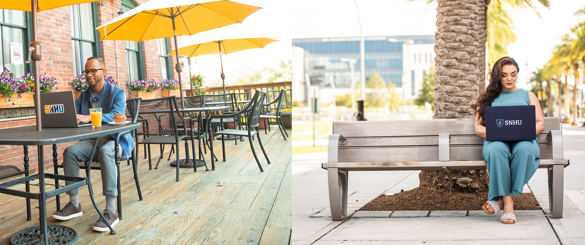 Two students working at on laptop outside