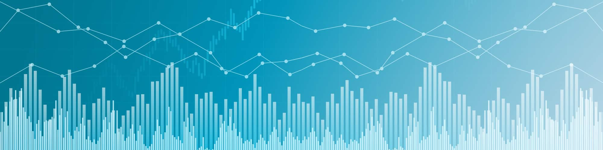 A collage of white graphs and charts over a blue background