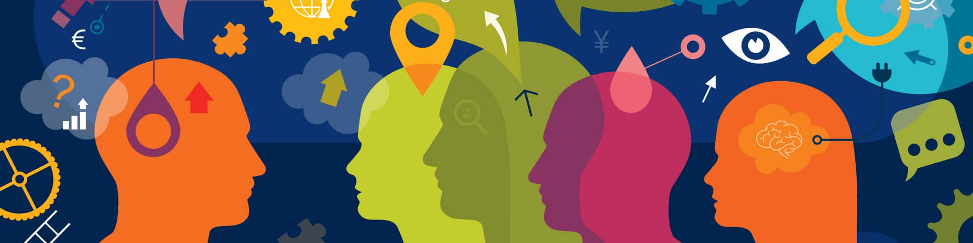 Artistic colors and shapes including heads, clouds and arrows