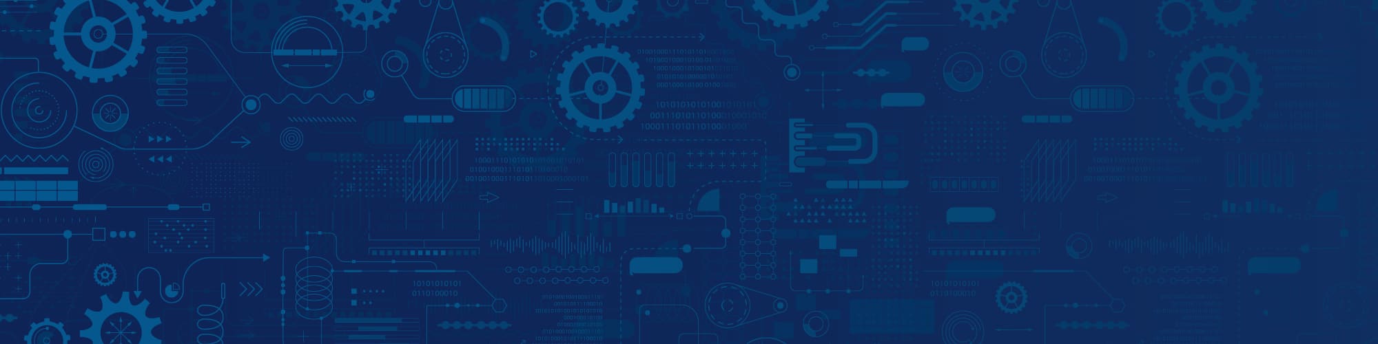 A blue artistic illustration of a circut board with cog wheels and bar graphs