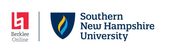 Berklee Online and Southern New Hampshire University Logos separated by a blue vertical line